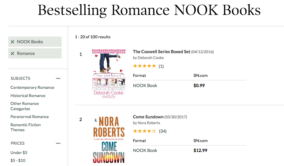 The Coxwells Boxed Set at #1 in romance in the Nook store on June 15, 2017