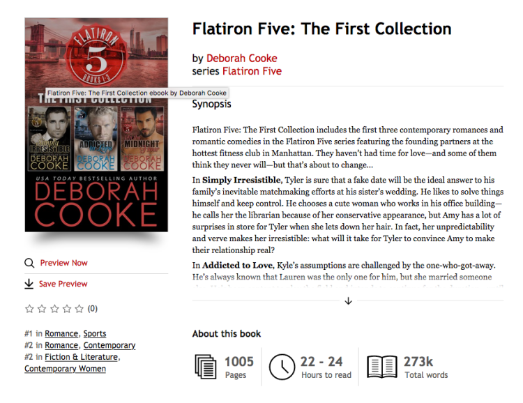 Flatiron Five, the First Collection, a digital bundle of three contemporary romances by Deborah Cooke at #1 in Sports Romance and #2 in Contemporary Romance in the Kobo store on January 22, 2020
